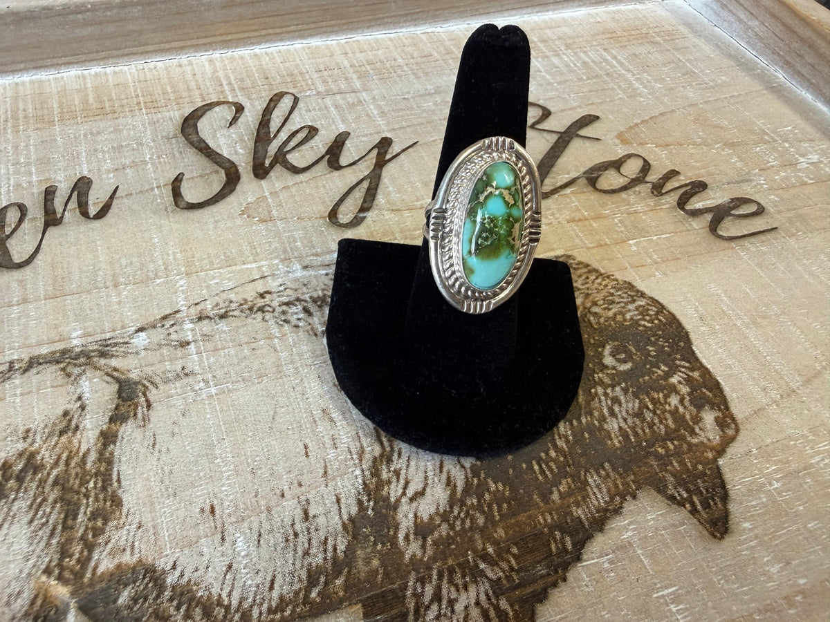 Sterling Silver Sierra Bella Turquoise Ring Size 7.5, Long Oval Green Blue Stone, Rope Twist Frame, Stamped Southwestern Ring