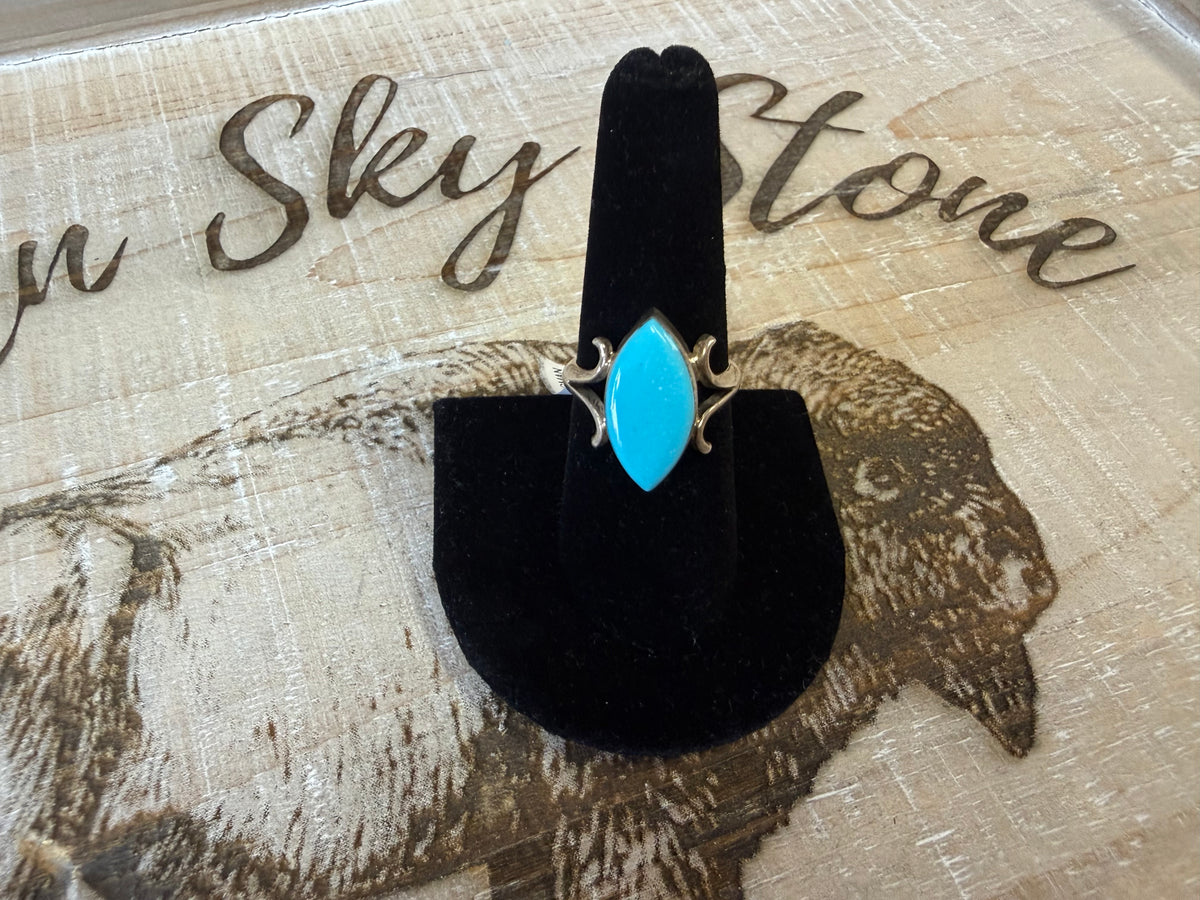 Larry Castilo Navajo Handmade Sterling Silver Kingman Turquoise Ring Size 8, Marquise Sky Blue Stone, Split Shank Southwestern Ring