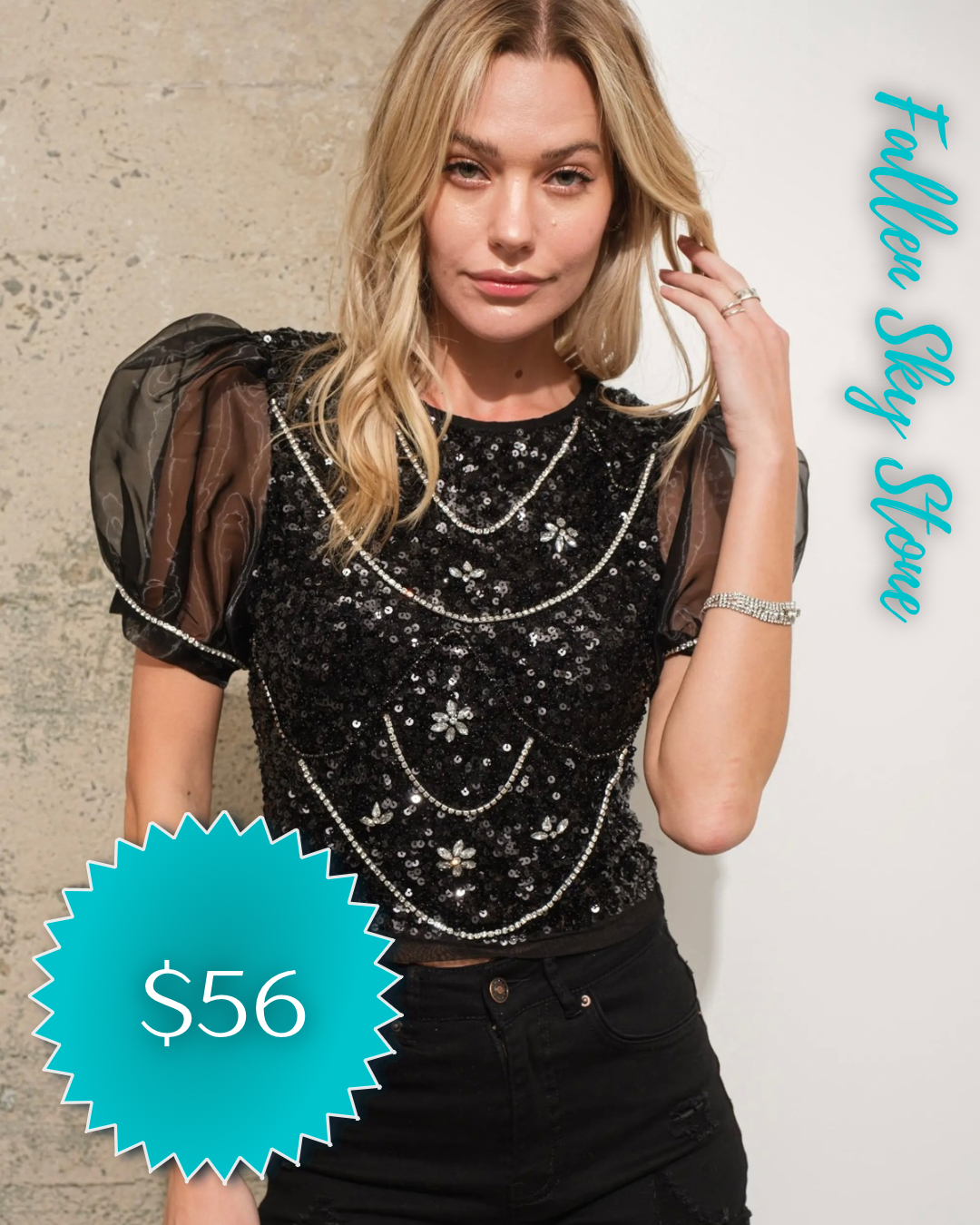 Black Sequin Top with Rhinestone Chain Detail and Sheer Organza Puff Sleeves