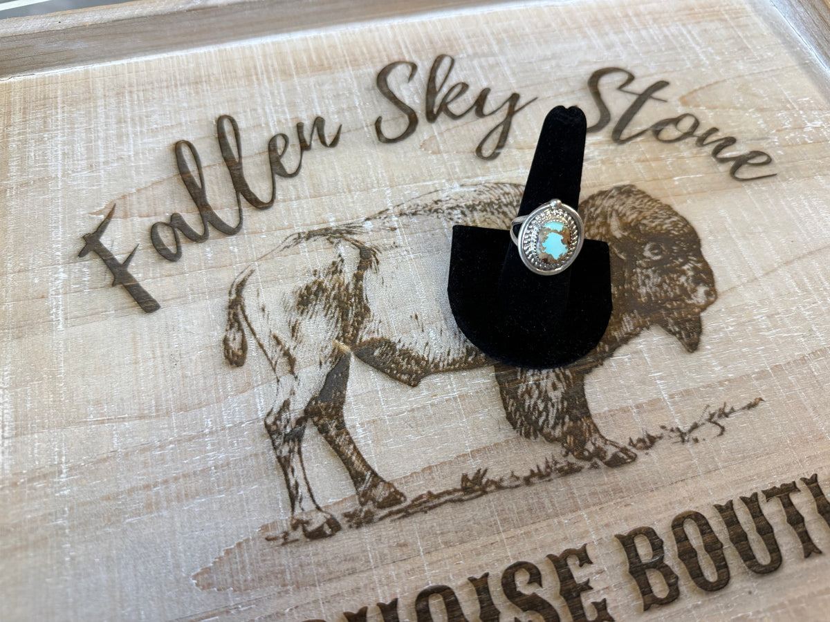 Sterling Silver Royston Turquoise Ring Size 8.5, Oval Turquoise with Brown Matrix, Rope Twist Bezel, Split Shank Southwestern Ring