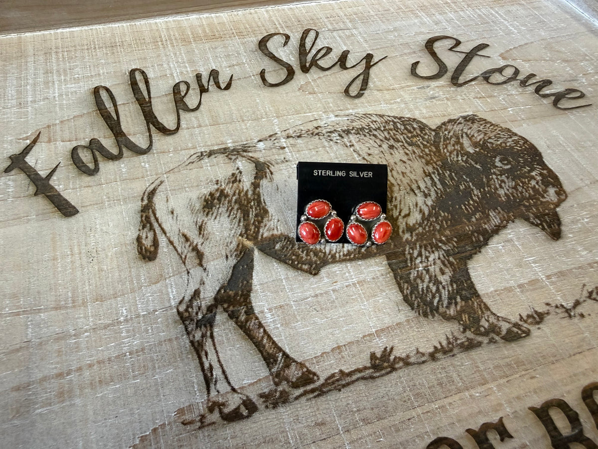 Spiny Oyster Coral Cluster Stud Earrings Sterling Silver | Orange Red Three Stone | Southwestern Handmade Jewelry