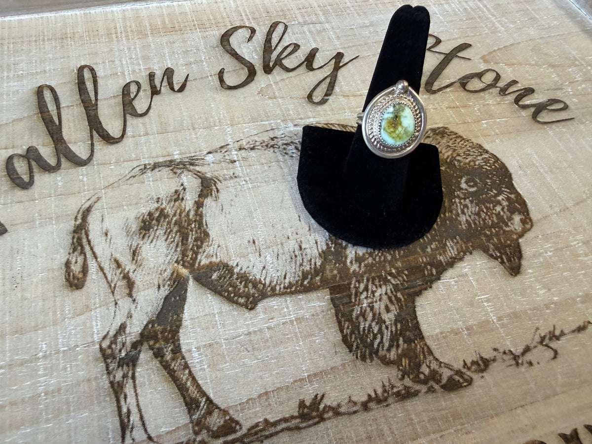Sterling Silver Palomino Turquoise Ring Size 9, Rope Twist Bezel, Green Cream Stone with Matrix, Southwestern Teardrop Ring