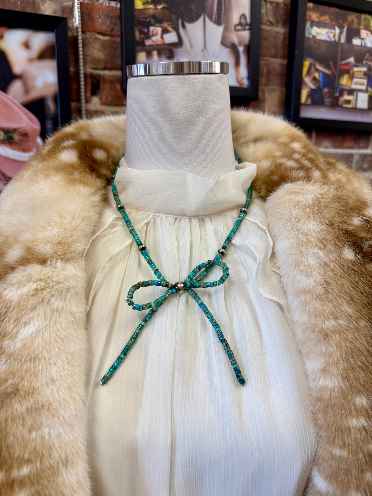 Turquoise Bead Bow Necklace with Navajo Pearl | Handmade Southwestern Heishi Style Statement Jewelry