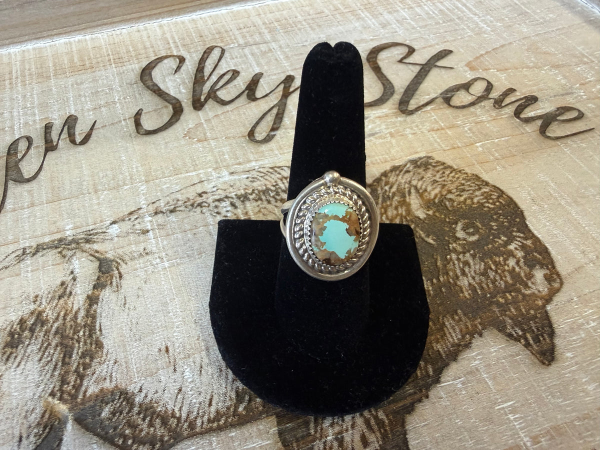 Sterling Silver Royston Turquoise Ring Size 8.5, Oval Turquoise with Brown Matrix, Rope Twist Bezel, Split Shank Southwestern Ring
