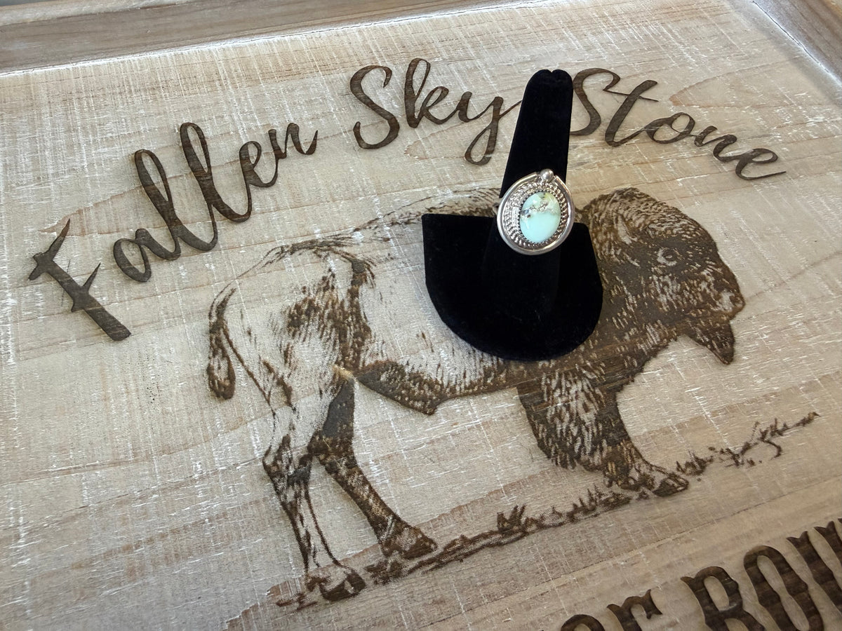 Sterling Silver Palomino Turquoise Ring Size 8.5, Rope Twist Bezel, Pale Green Blue Stone, Southwestern Split Shank Ring