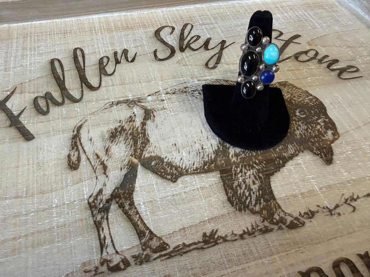 Sterling Silver Onyx Turquoise Lapis Cluster Ring Size 6, Long Multi Stone Statement Ring, Silver Bead Accents, Southwestern Ring