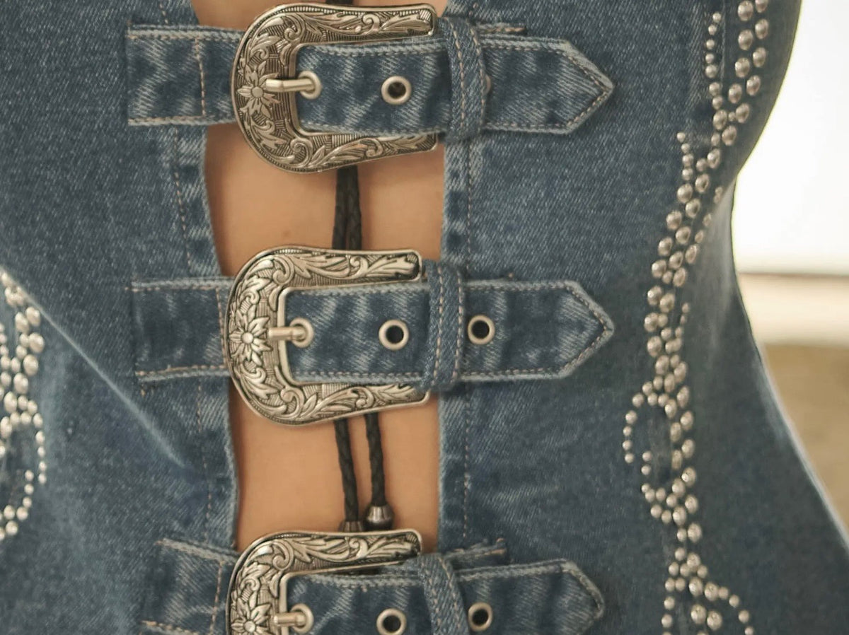 Medium Wash Denim Vest with Western Buckle Front and Rhinestone Detail