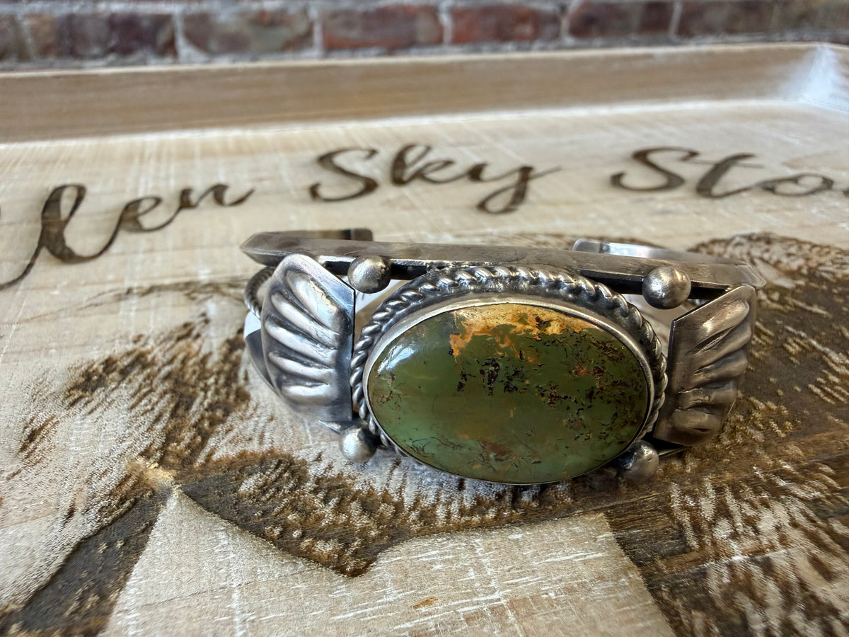 Junior Becay Sterling Silver Green Turquoise Cuff Bracelet, Navajo Style, Feather Side Panels, Rope Twist Bezel, Western Gift