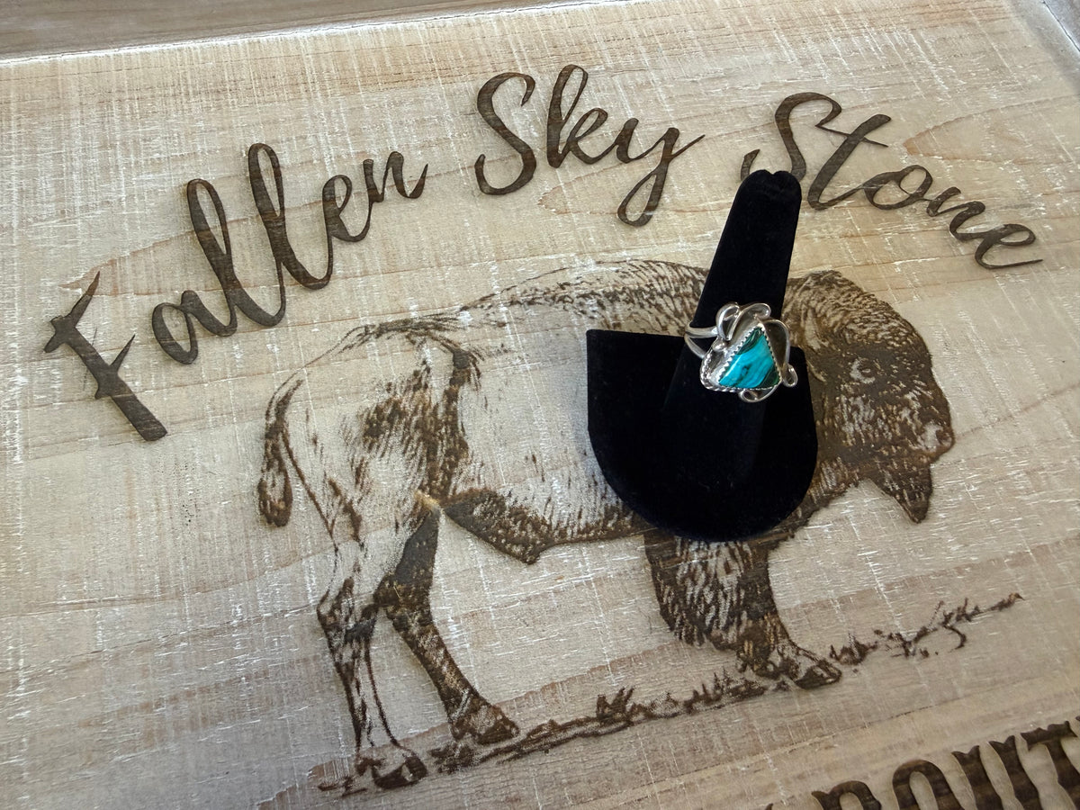 Sterling Silver Chrysocolla Ring Size 7.5, Blue Green Triangle Stone, Scroll Accents, Split Shank Southwestern Ring