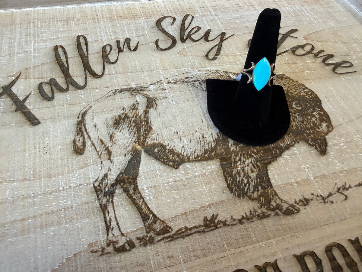 Larry Castilo Navajo Handmade Sterling Silver Kingman Turquoise Ring Size 8, Marquise Sky Blue Stone, Split Shank Southwestern Ring