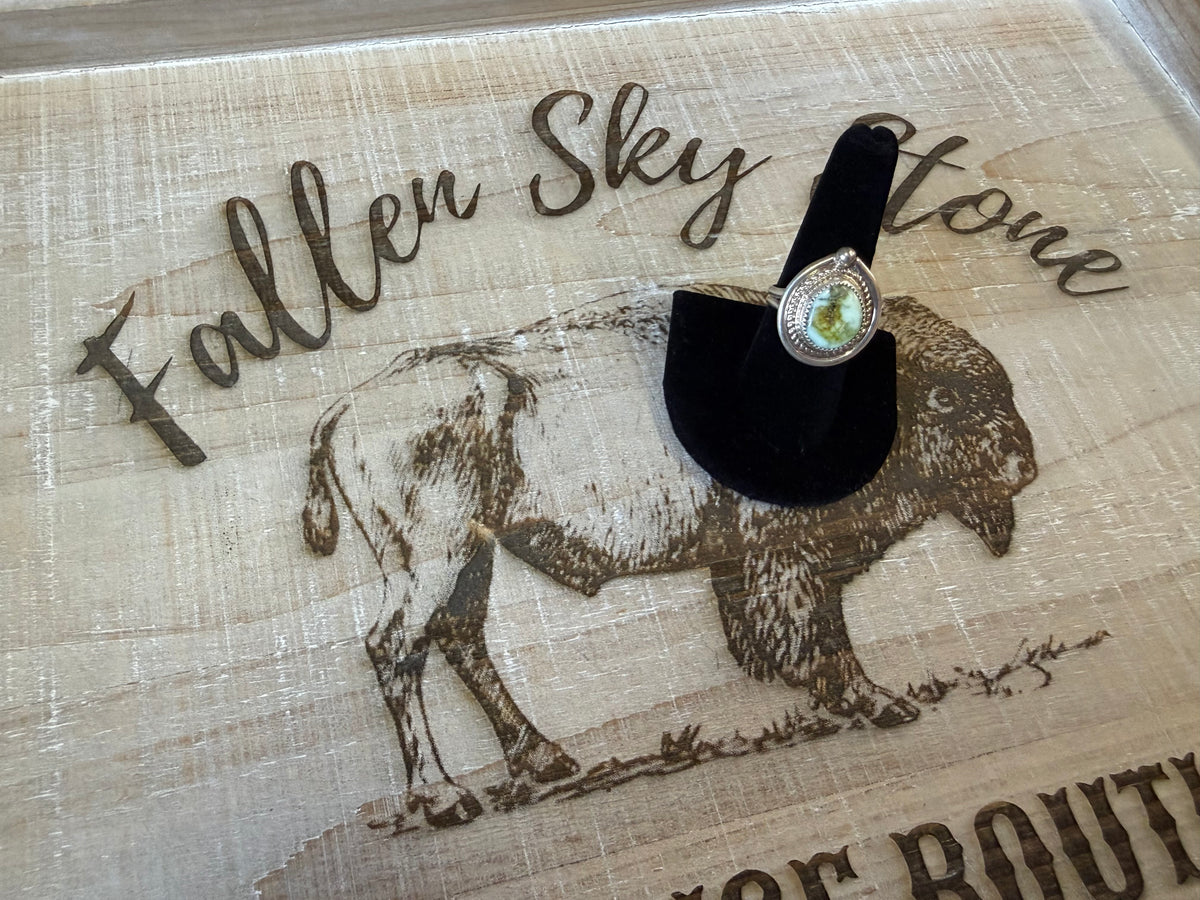 Sterling Silver Palomino Turquoise Ring Size 9, Rope Twist Bezel, Green Cream Stone with Matrix, Southwestern Teardrop Ring