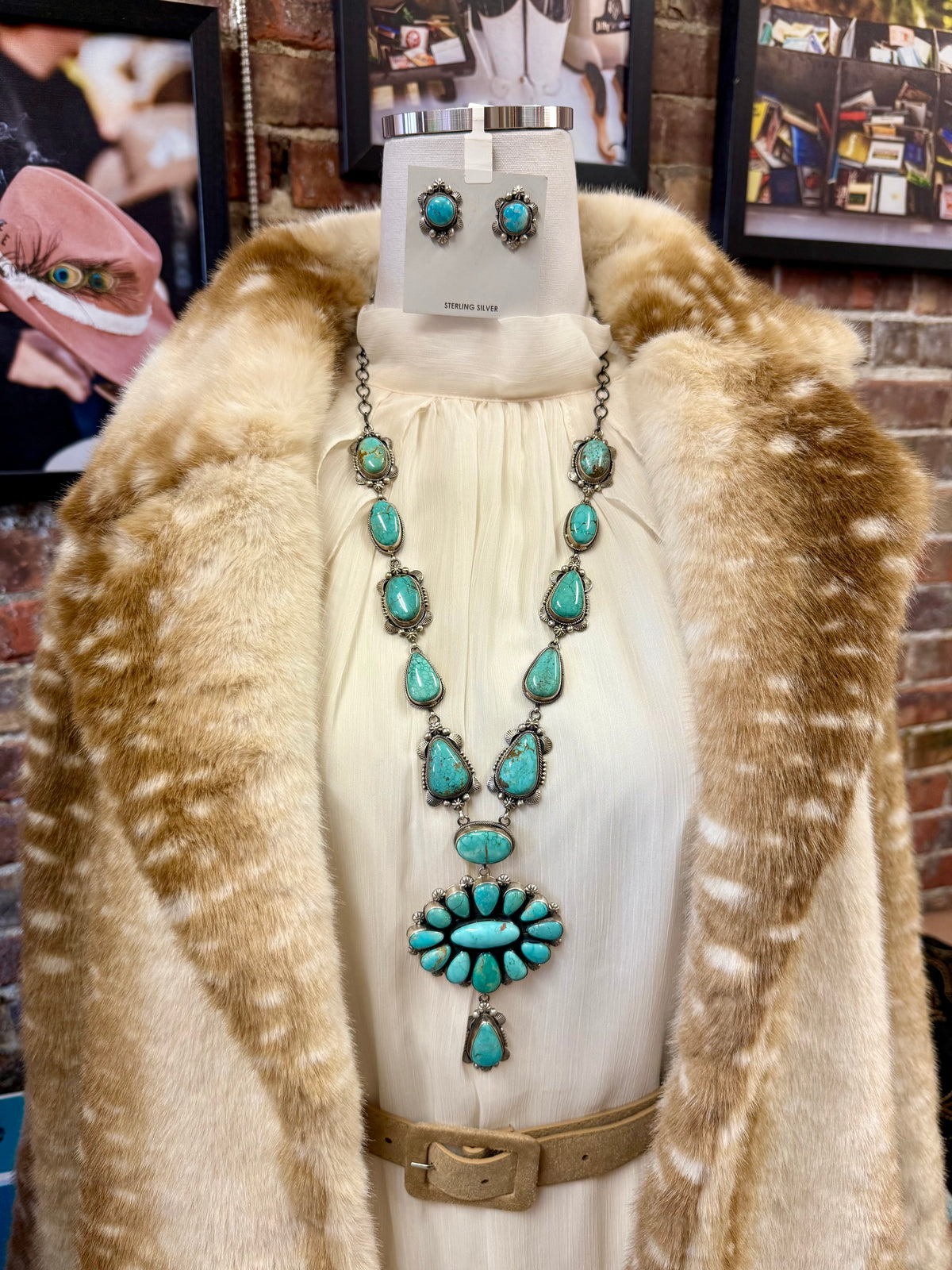 Navajo Squash Blossom Necklace Set Sterling Silver | Royston Turquoise by Eli Skeets | Handmade Statement Jewelry with Matching Earrings