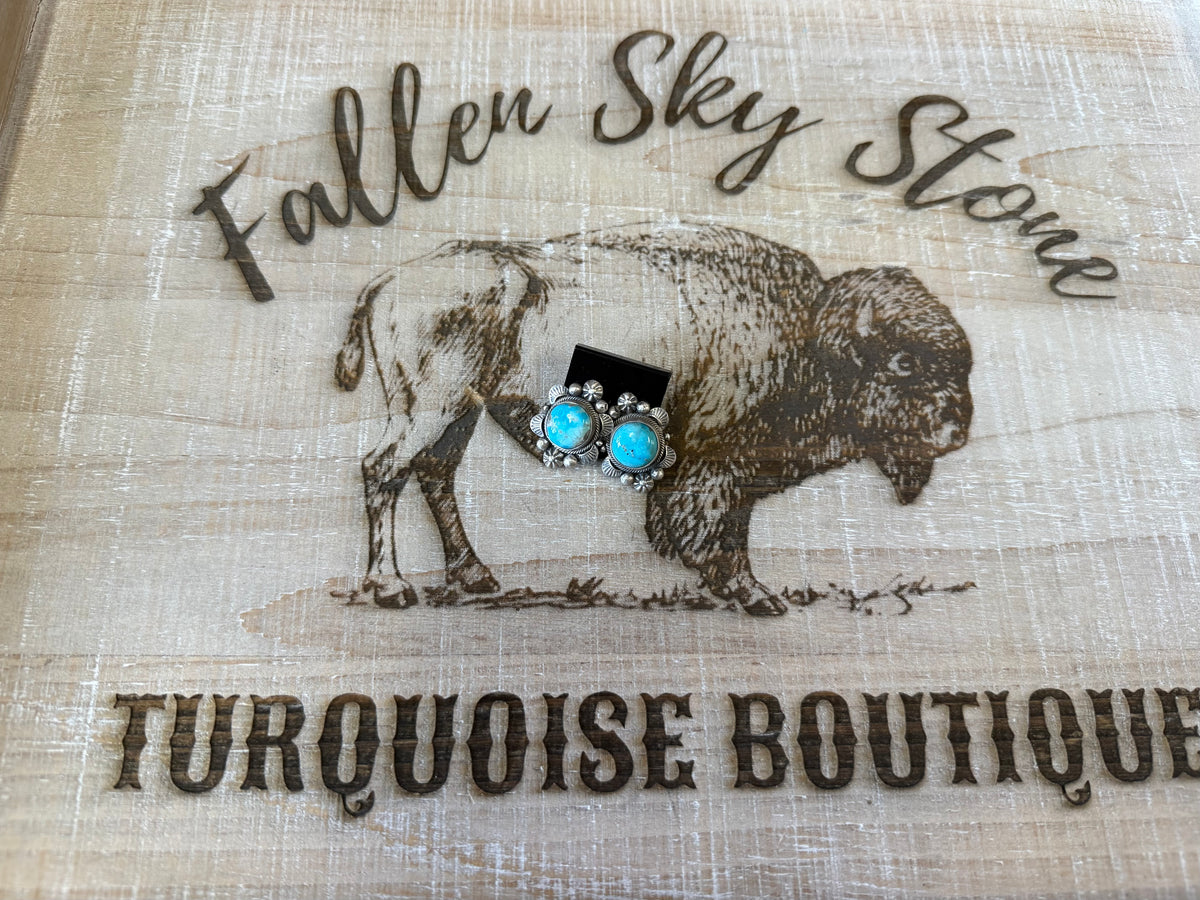 Royston Turquoise Stud Earrings Sterling Silver | Navajo Handmade Flower Bezel | Southwestern Statement Earrings