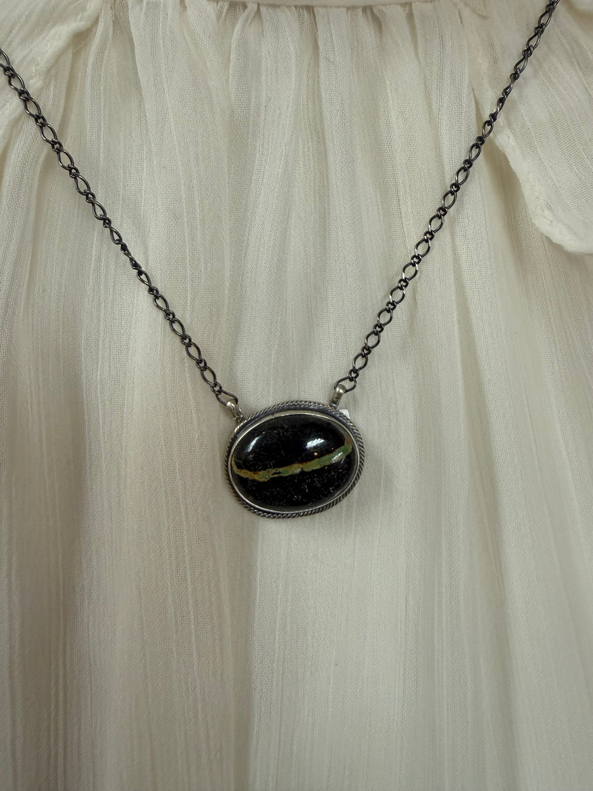 Blackjack Turquoise Pendant Necklace Sterling Silver | Navajo Handmade by Arthur J Brugge | Southwestern Statement Jewelry