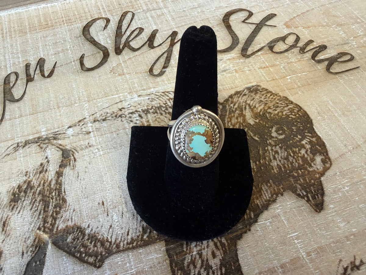 Sterling Silver Royston Turquoise Ring Size 8.5, Oval Turquoise with Brown Matrix, Rope Twist Bezel, Split Shank Southwestern Ring