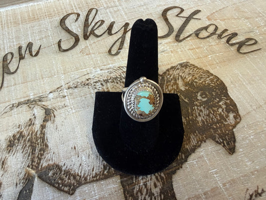 Sterling Silver Royston Turquoise Ring Size 8.5, Oval Turquoise with Brown Matrix, Rope Twist Bezel, Split Shank Southwestern Ring