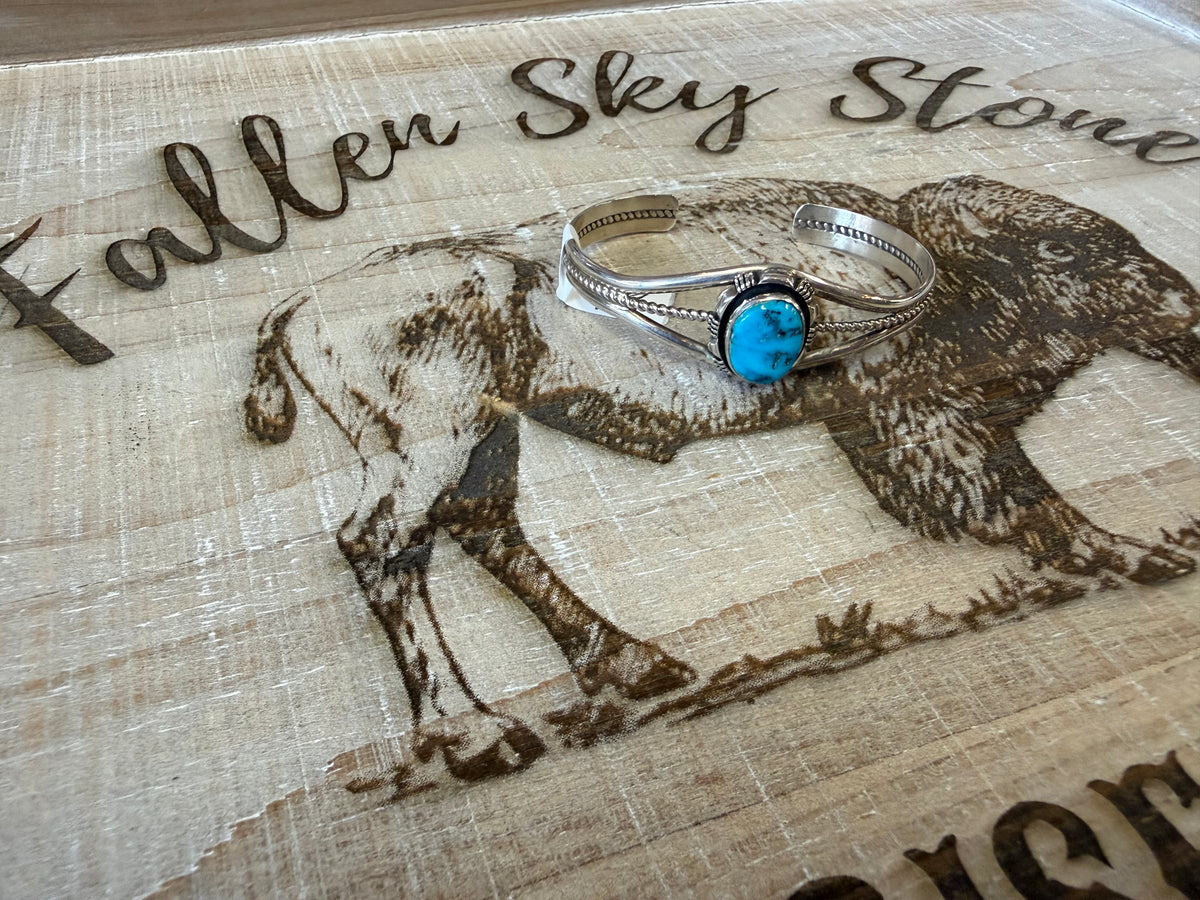 Kingman Turquoise Cuff Bracelet Sterling Silver | Split Shank with Twisted Rope | Southwestern Statement Cuff