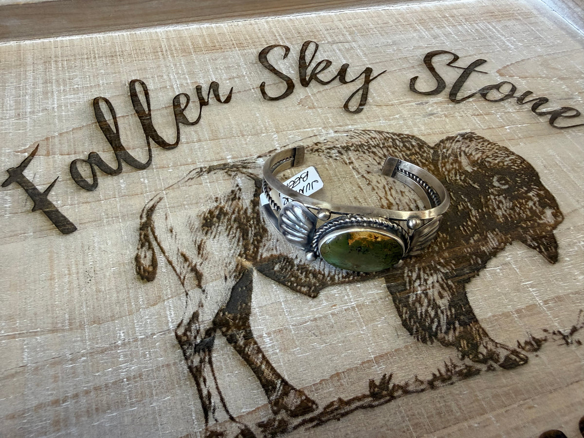 Junior Becay Sterling Silver Green Turquoise Cuff Bracelet, Navajo Style, Feather Side Panels, Rope Twist Bezel, Western Gift