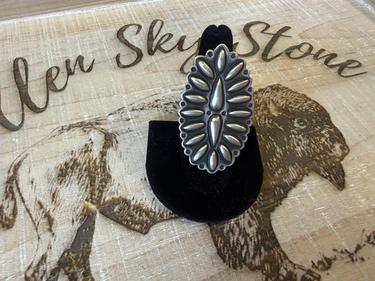 Sterling Silver Cluster Ring Size 7, Large Oval Statement Ring, Repoussé Petal Design, Oxidized Southwestern Silver Ring