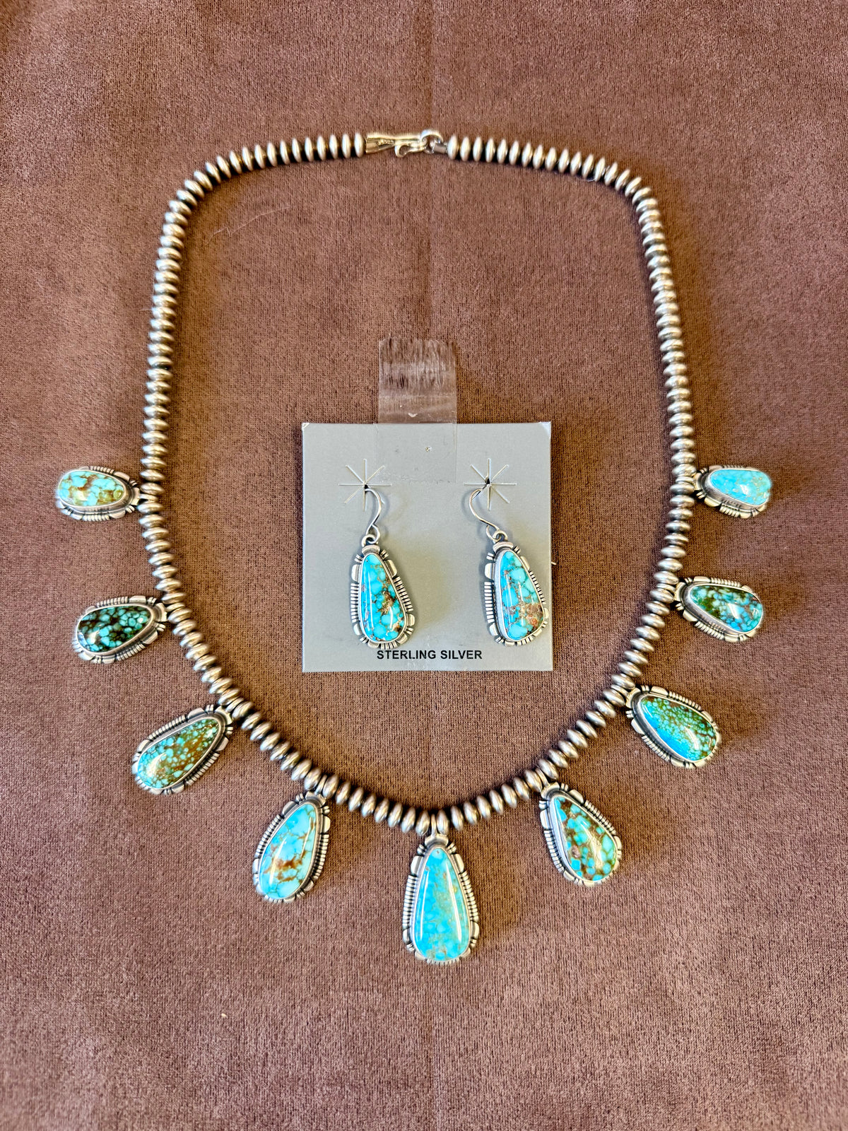 Kingman Water Web Turquoise Necklace Set Sterling Silver | Navajo Handmade by Larry Yazzie | Matching Earrings Statement Jewelry