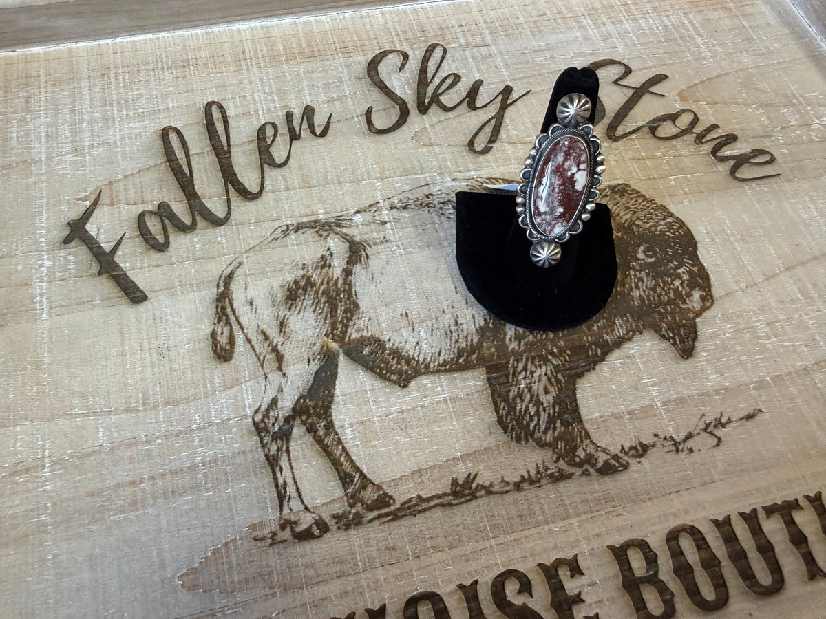 Wild Horse Long Oval Ring Sterling Silver | Large Cabochon with Scalloped Bezel | Southwestern Statement Ring | Size 8