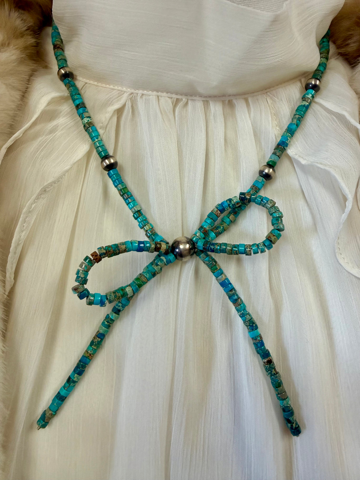 Turquoise Bead Bow Necklace with Navajo Pearl | Handmade Southwestern Heishi Style Statement Jewelry