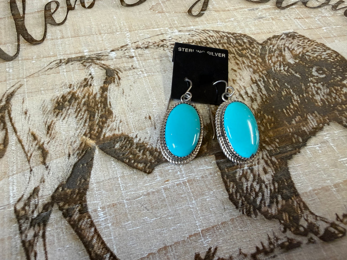 Native American Navajo Sterling Silver Turquoise Oval Dangle Earrings – Signed JB (Jennifer Begay) | Rope Edge Cabochons