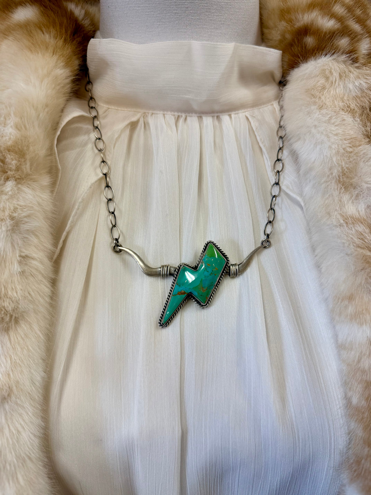 Turquoise Lightning Bolt Pendant Necklace Sterling Silver | Longhorn Design Southwestern Statement Jewelry