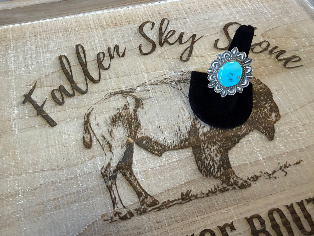 Billy Long Sterling Silver Sleeping Beauty Turquoise Ring Size 8, Large Sky Blue Stone, Repoussé Flower Frame, Southwestern Statement Ring