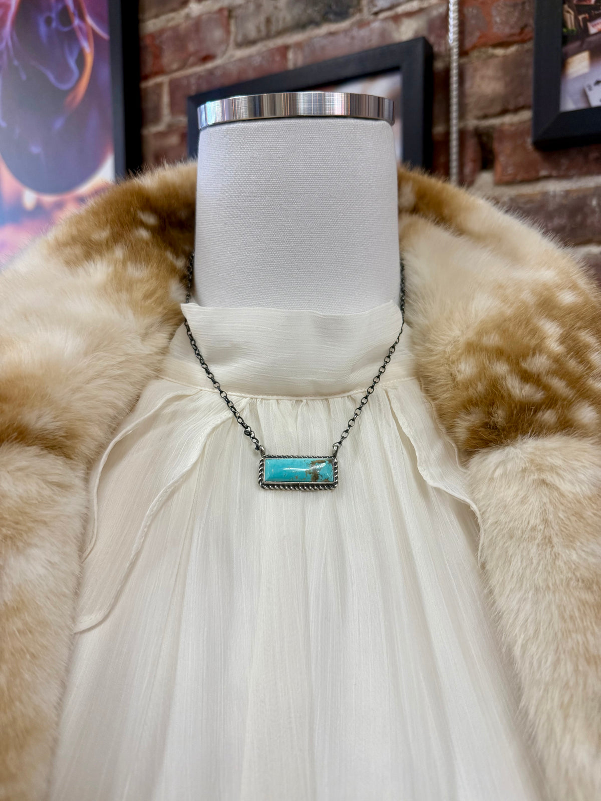 Turquoise Bar Pendant Necklace Sterling Silver | Navajo Handmade by Chassity Belone | Southwestern Statement Jewelry