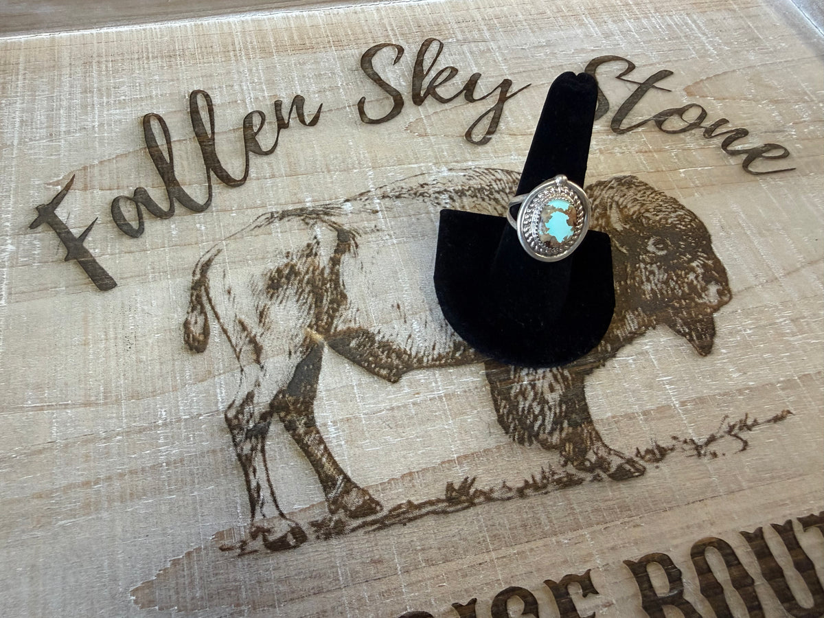 Sterling Silver Royston Turquoise Ring Size 8.5, Oval Turquoise with Brown Matrix, Rope Twist Bezel, Split Shank Southwestern Ring