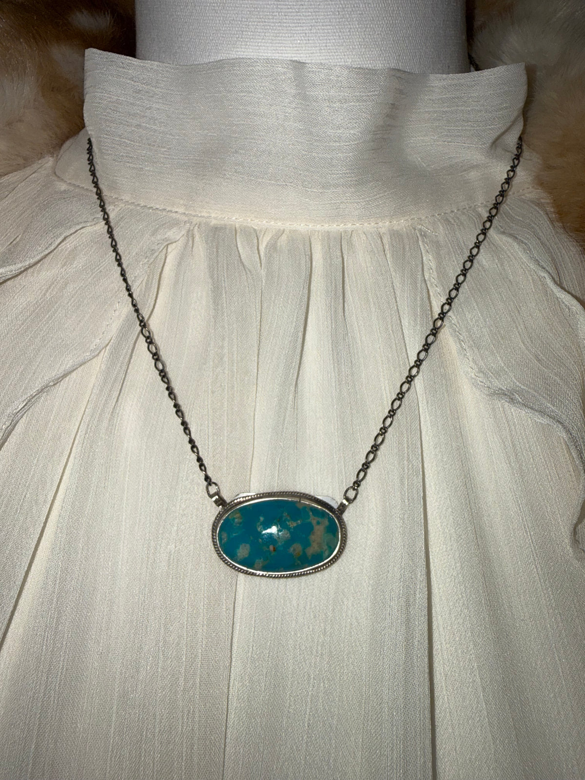 Kingman Turquoise Oval Pendant Necklace Sterling Silver | Navajo Handmade by Arthur J Brugge | Southwestern Statement Jewelry