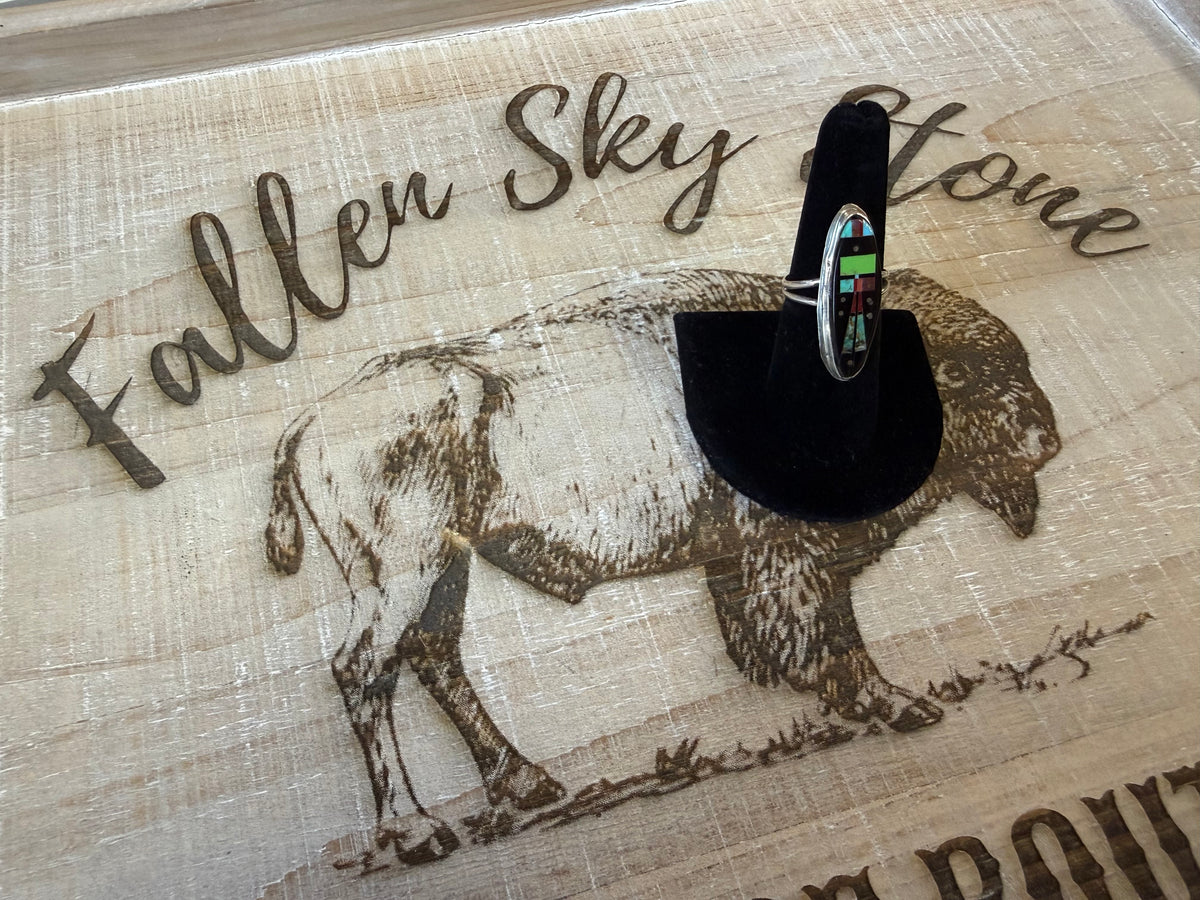 Sterling Silver Night Sky Inlay Ring Size 7.5, Long Oval Multi Stone Inlay, Turquoise Coral Black Onyx, Southwestern Ring
