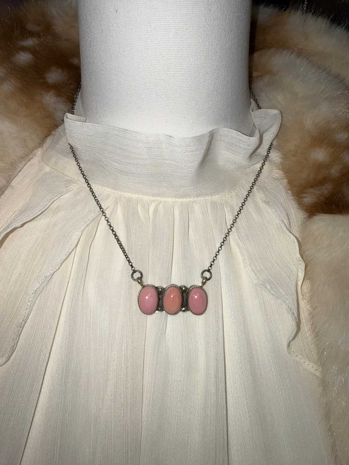 Pink Conch Three Stone Pendant Necklace Sterling Silver | Navajo Handmade by Levi Hoskie | Southwestern Statement Jewelry