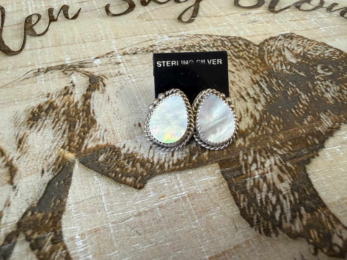 Mother of Pearl Teardrop Stud Earrings Sterling Silver | MOP Cabochon Post Earrings | Southwestern Handmade Jewelry