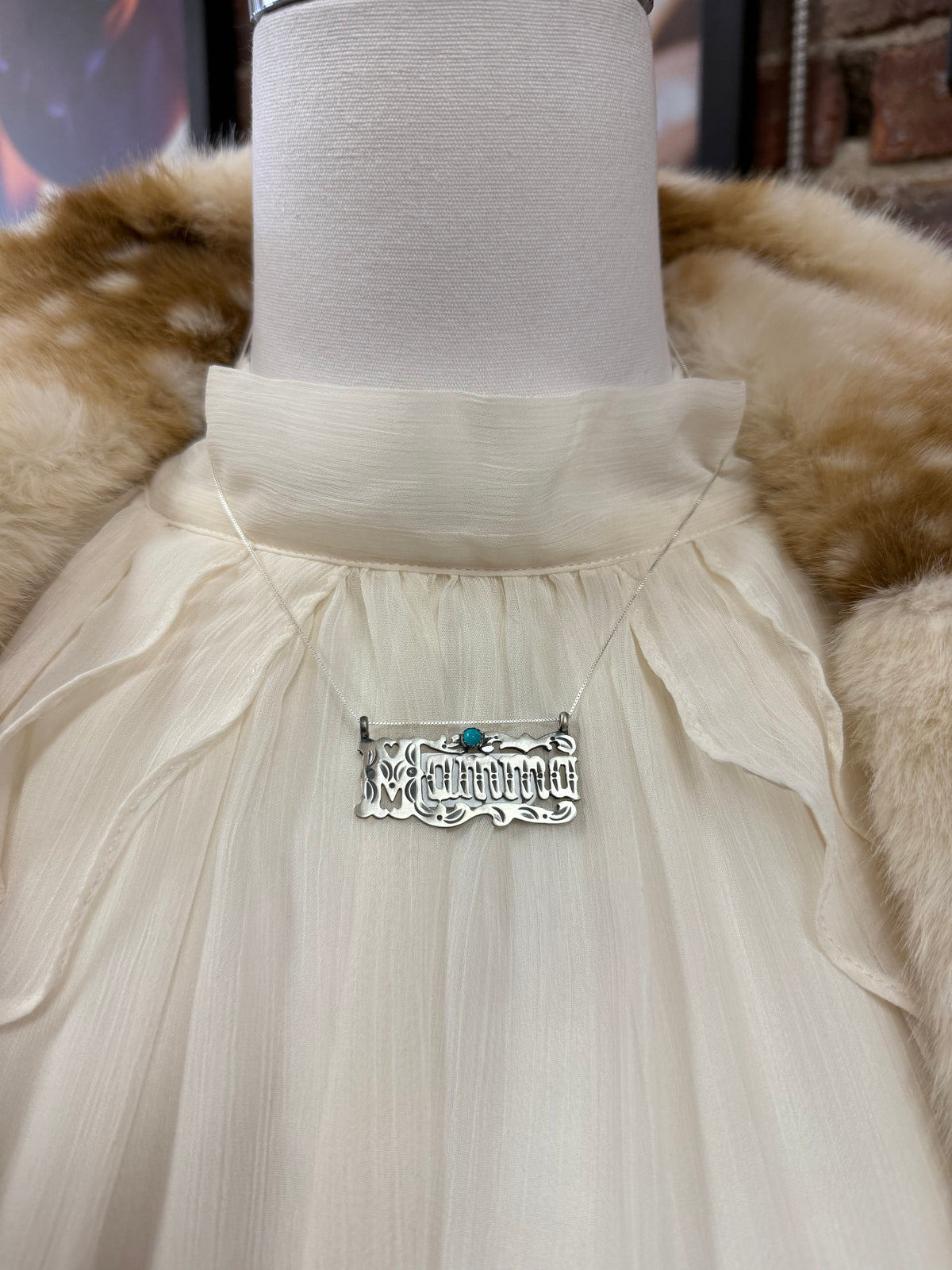 Mama Nameplate Necklace Sterling Silver with Kingman Turquoise | Navajo Handmade by Jerome Lee | Southwestern Mom Jewelry