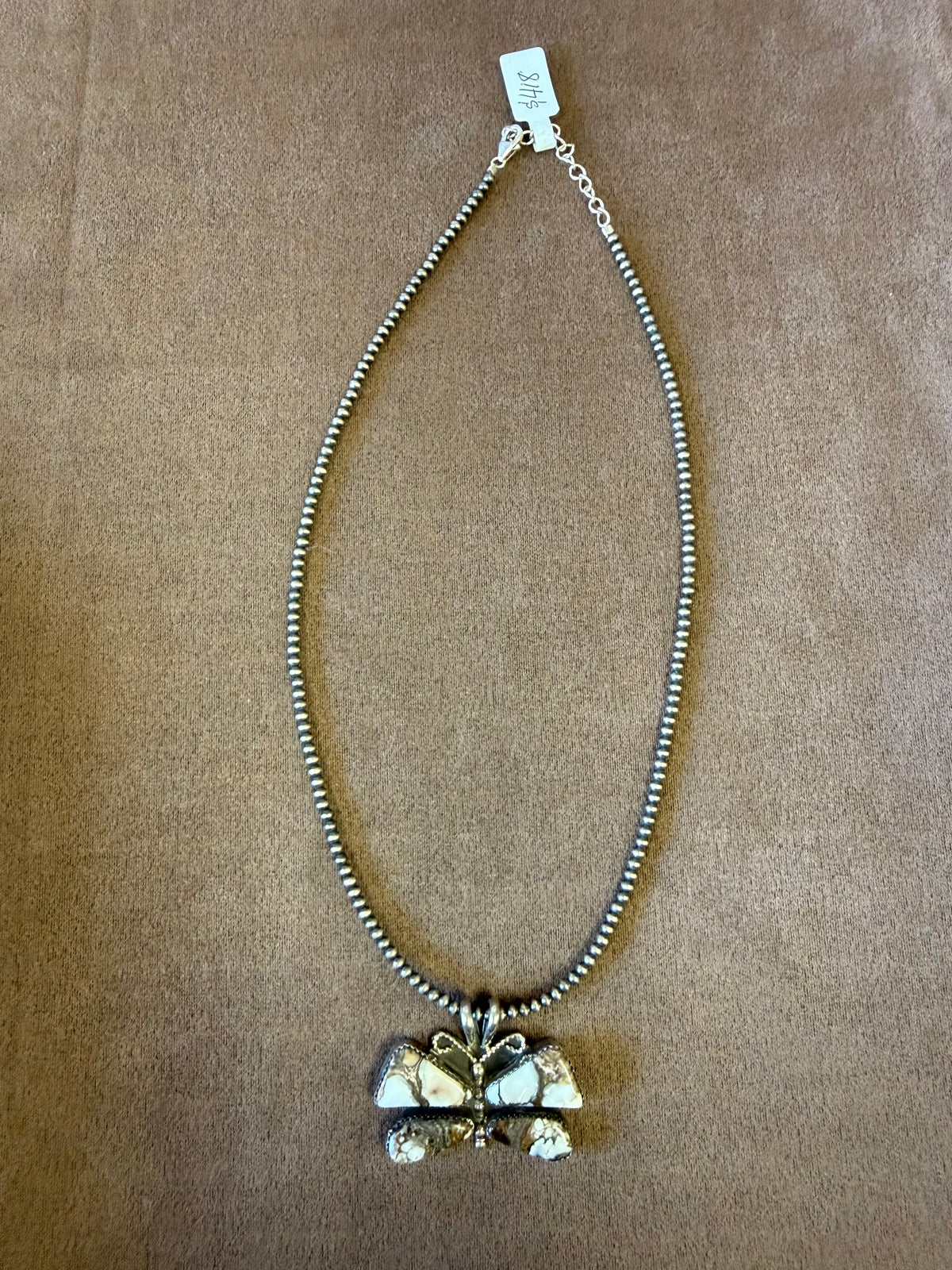 Wild Horse Butterfly Pendant Necklace Sterling Silver | Navajo Pearl Chain Southwestern Statement Jewelry