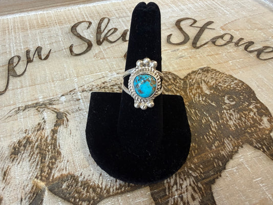 Sterling Silver Turquoise Ring Size 7, Rope Twist Bezel, Silver Bead Accents, Split Shank Southwestern Ring, Gift for Her
