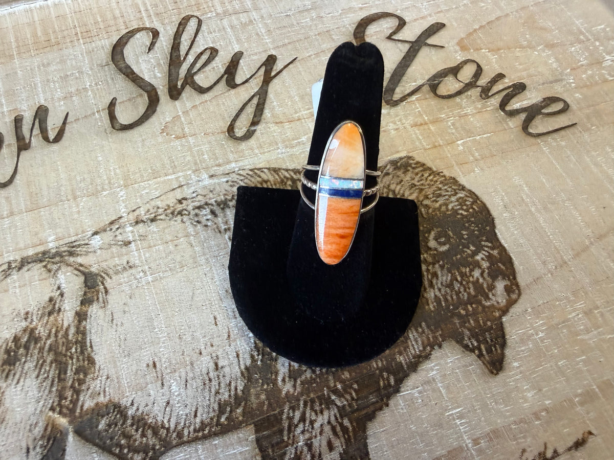 Harold Smith Sterling Silver Spiny Oyster Inlay Ring Size 7, Long Oval Orange Shell with Opal and Lapis Stripe, Southwestern Ring