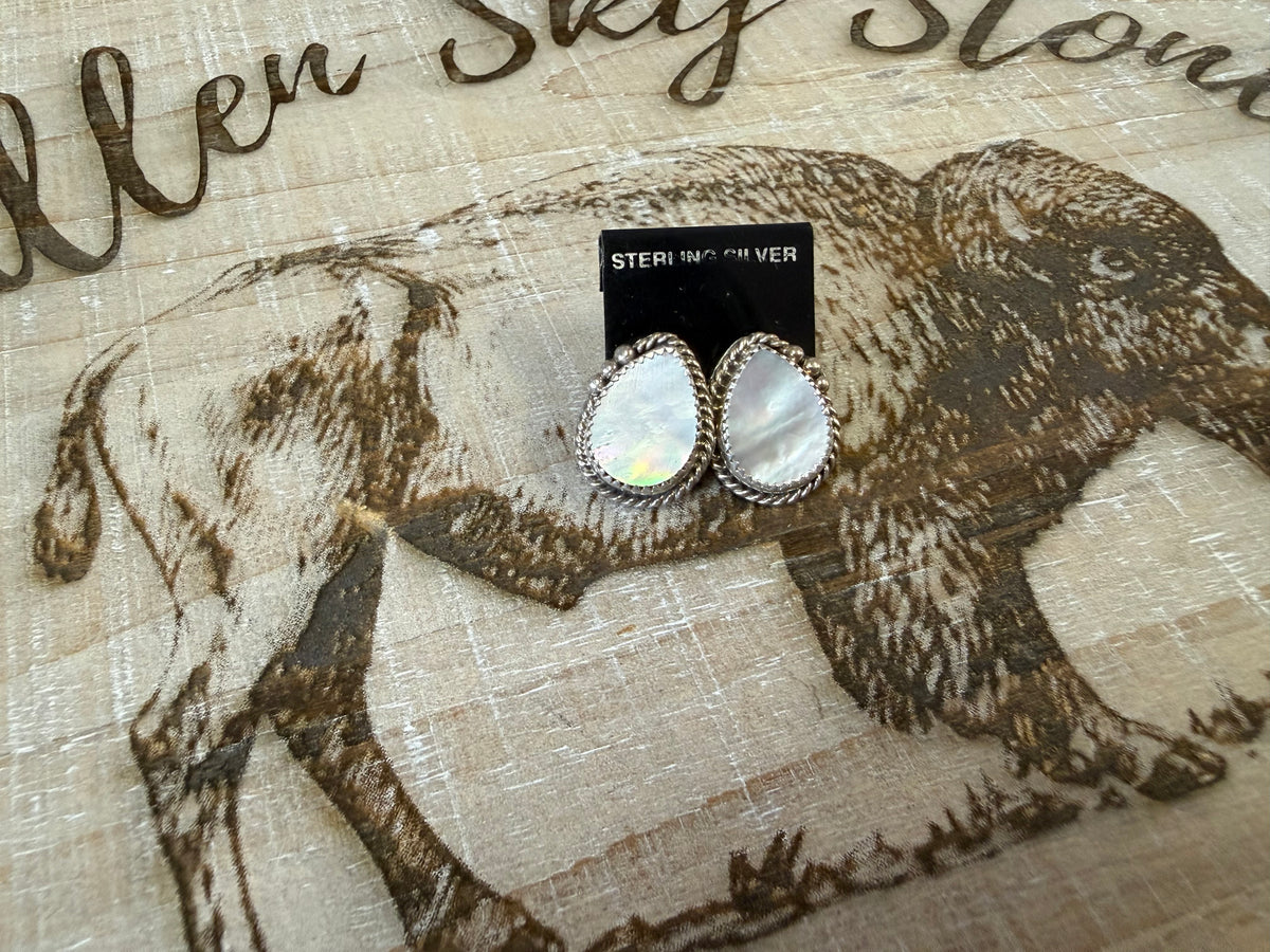 Mother of Pearl Teardrop Stud Earrings Sterling Silver | MOP Cabochon Post Earrings | Southwestern Handmade Jewelry