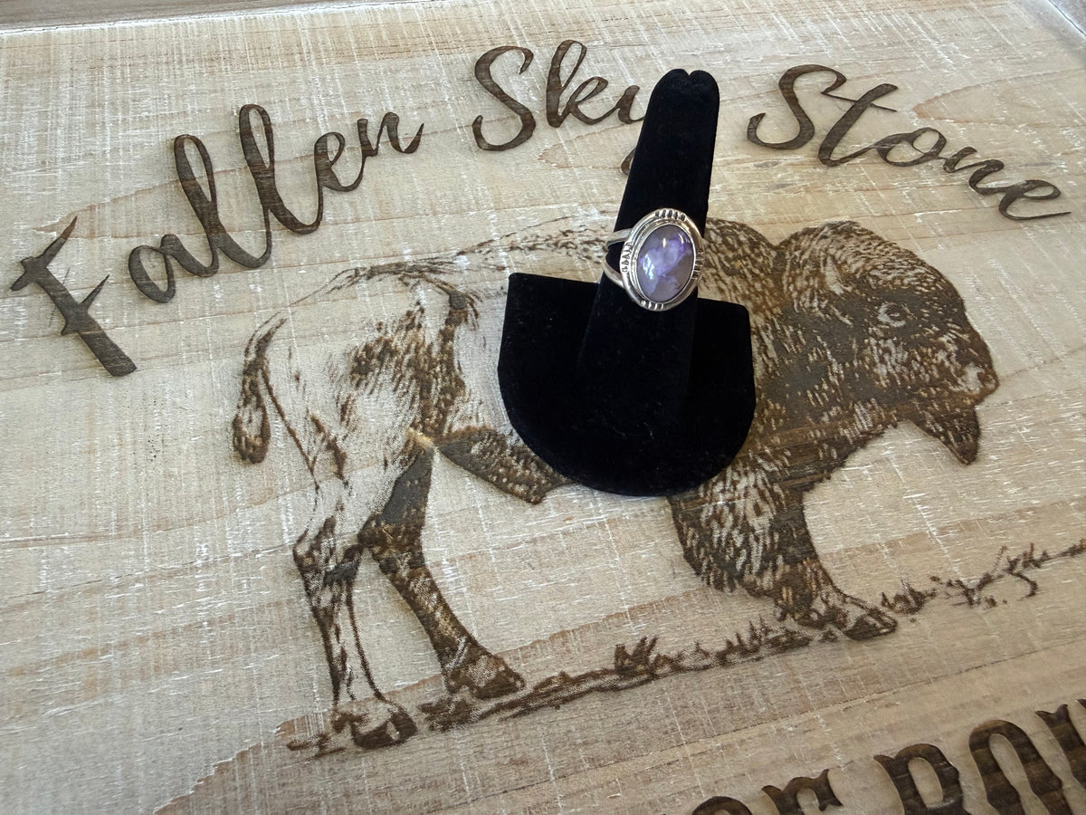 Sterling Silver Charoite Ring Size 7, Purple Charoite Oval Stone, Stamped Southwestern Ring, Split Shank Band, Gift for Her