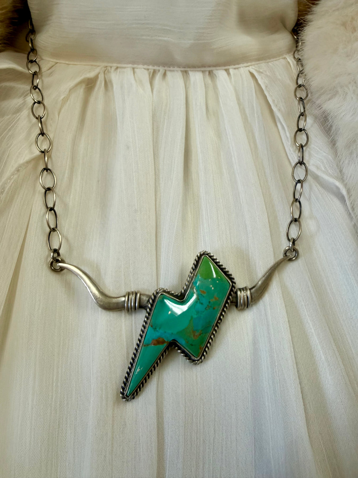 Turquoise Lightning Bolt Pendant Necklace Sterling Silver | Longhorn Design Southwestern Statement Jewelry