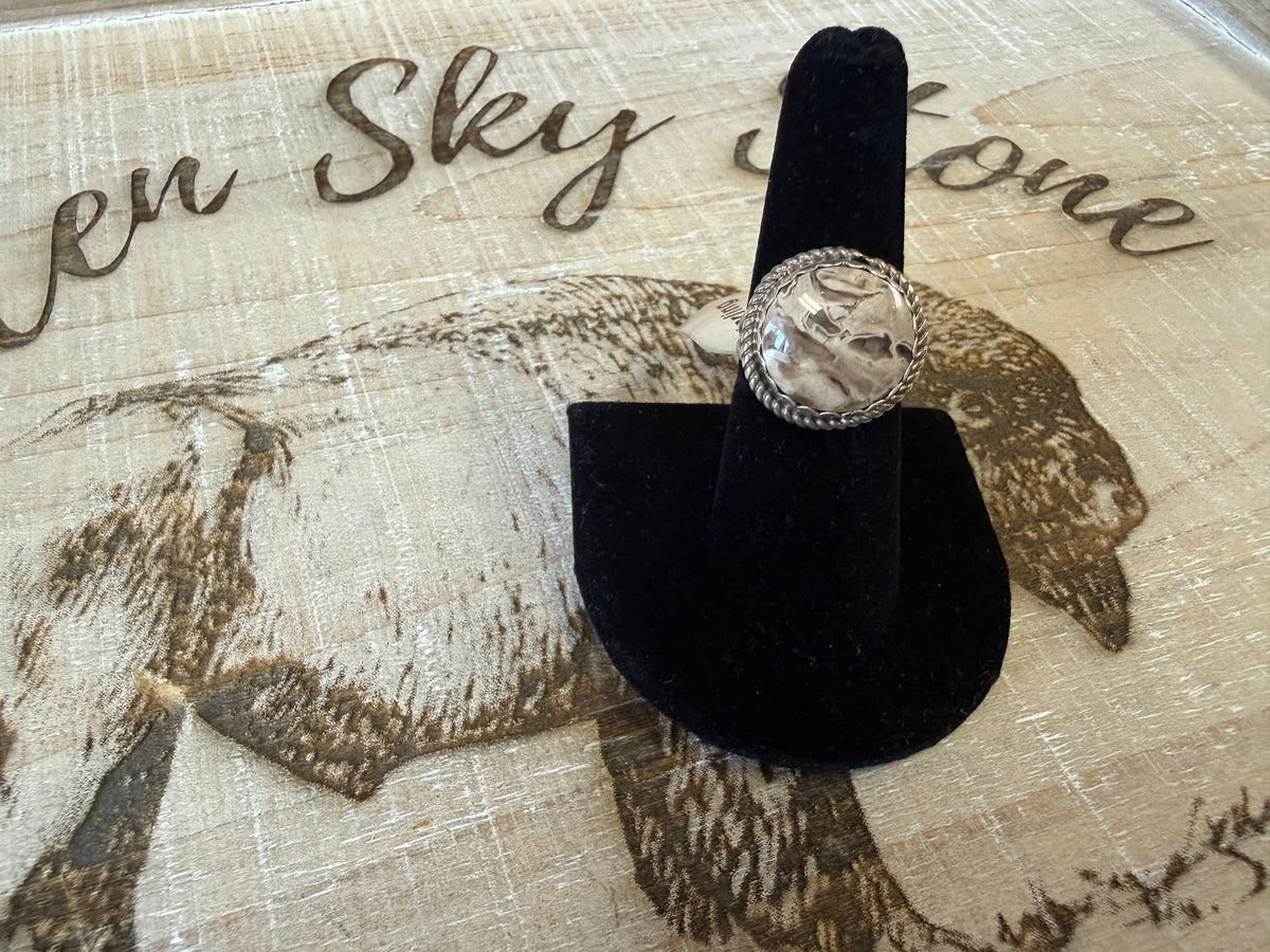 Sterling Silver White Buffalo Ring Size 6.5, Round Cream Gray Stone, Rope Twist Bezel, Southwestern Statement Ring, Gift for Her