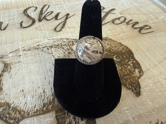 Sterling Silver White Buffalo Ring Size 6.5, Round Cream Gray Stone, Rope Twist Bezel, Southwestern Statement Ring, Gift for Her