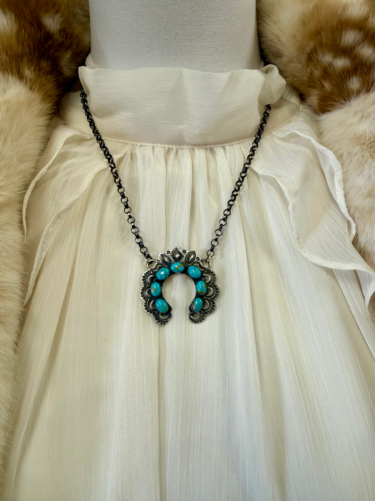Oxidized Sterling Silver Naja Pendant Necklace | Turquoise Stones on Paperclip Chain | Handmade Navajo Style Statement Jewelry