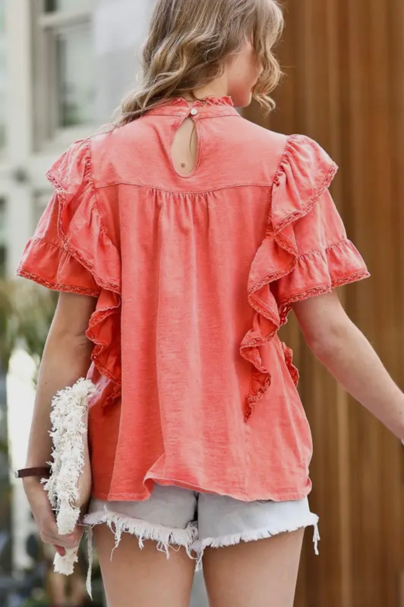 Vintage washed ruffle & lace trimmed detail top - Rust Tone