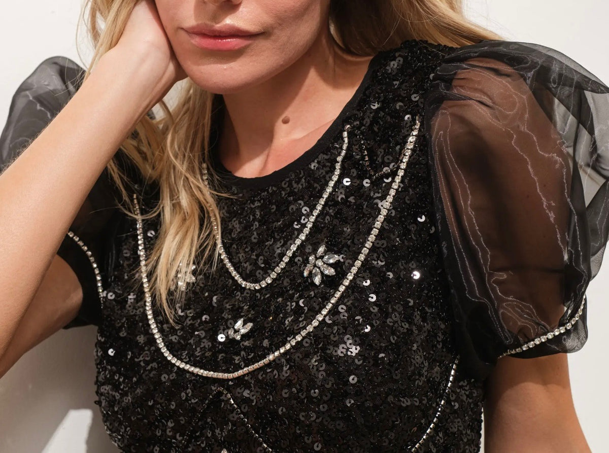 Black Sequin Top with Rhinestone Chain Detail and Sheer Organza Puff Sleeves