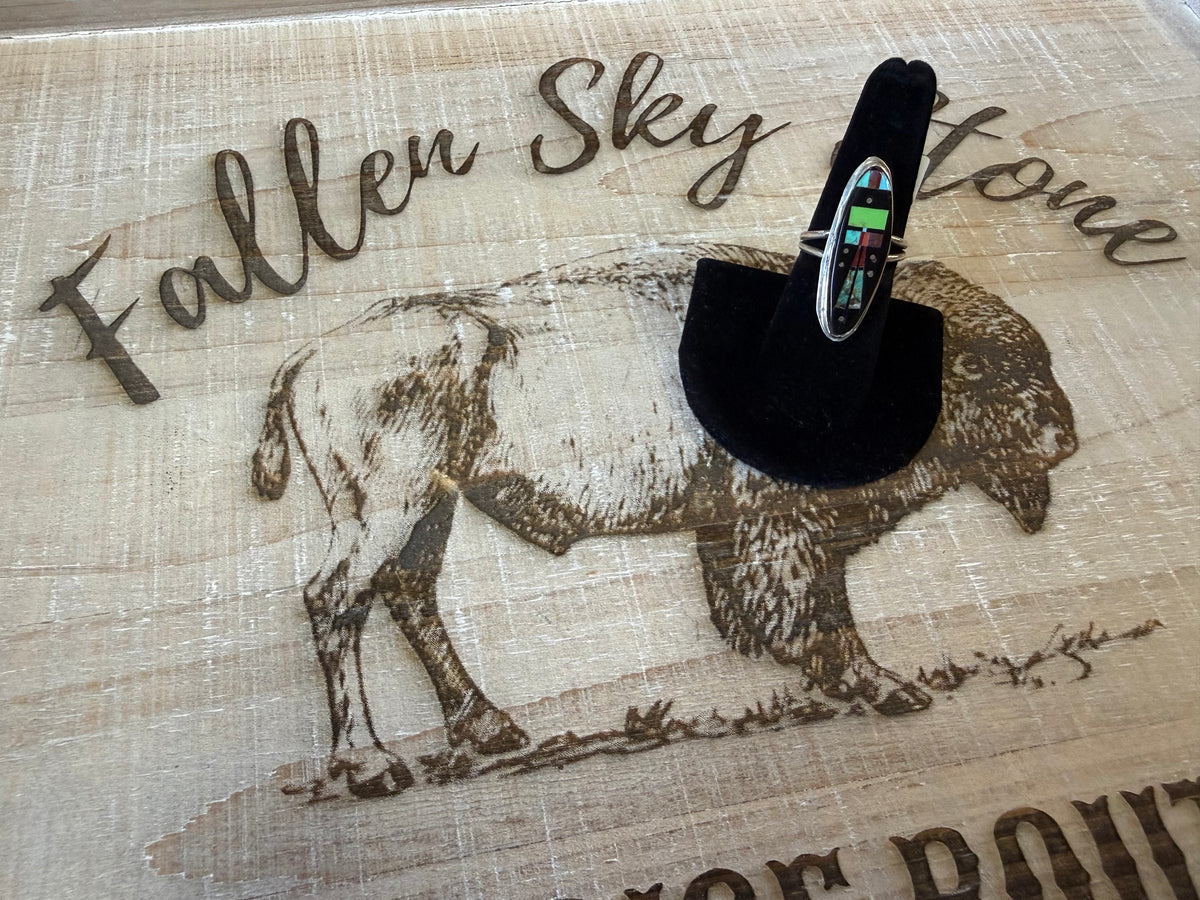 Sterling Silver Night Sky Inlay Ring Size 7.5, Long Oval Multi Stone Inlay, Turquoise Coral Black Onyx, Southwestern Ring