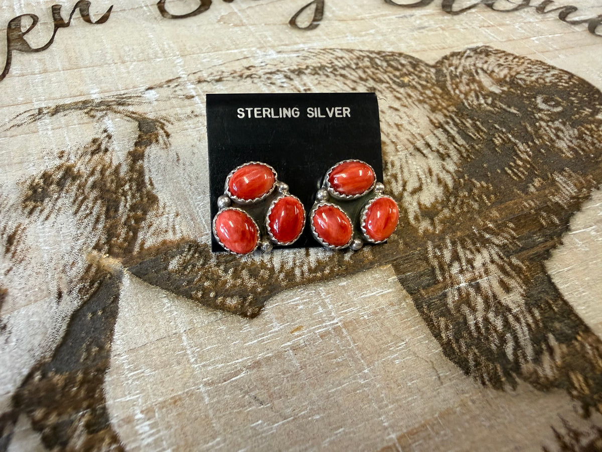 Spiny Oyster Coral Cluster Stud Earrings Sterling Silver | Orange Red Three Stone | Southwestern Handmade Jewelry