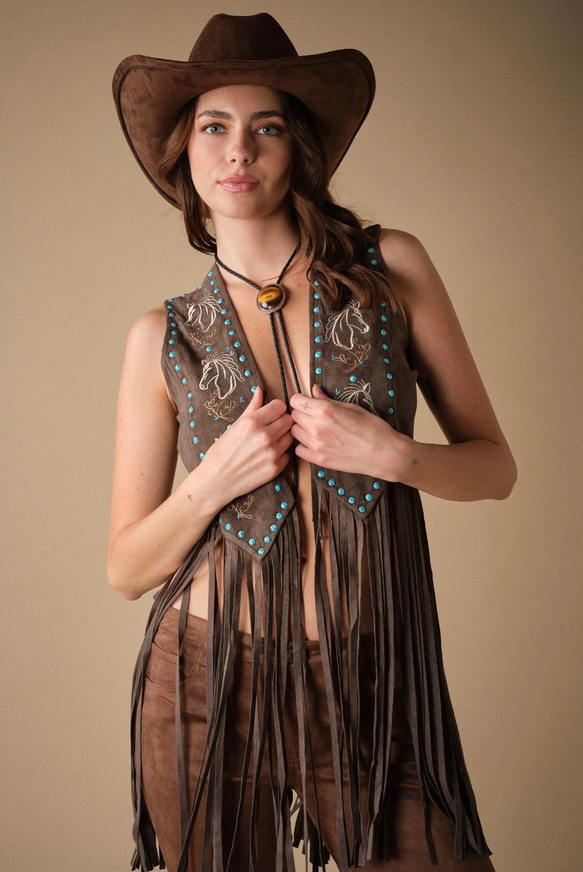 Brown Faux Suede Fringe Vest with Embroidered Horses and Turquoise Studs